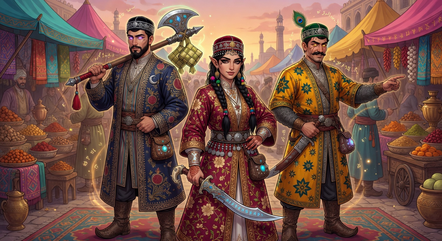 Группа персонажей Lineage 2 в узбекской одежде с кетменями и ножами